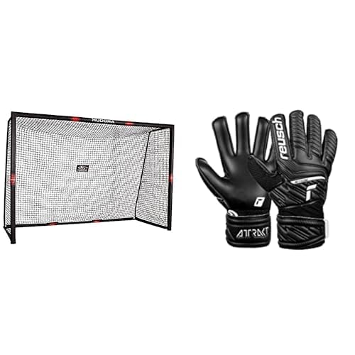 HUDORA 76915,Fußballtor Pro Tect Fußball Tor für Kinder und Erwachsene, Mehrfarbig, 180x120 cm & Reusch Unisex Torwarthandschuhe Attrakt Solid Junior Black 4 von HUDORA