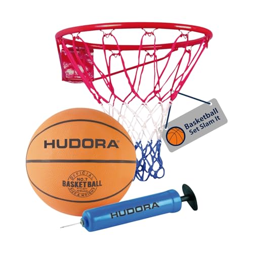 HUDORA Basketball-Set Slam It - Basketballset mit Korb, Basketball Größe 7 & Handpumpe - robuster Basketballkorb für drinnen & draußen - Basketball aus Gummi für Kinder & Erwachsene von HUDORA