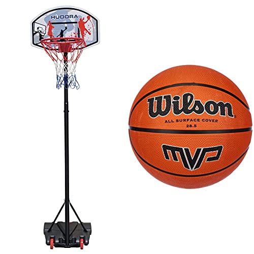 HUDORA Basketballständer All Stars 205 - Basketballkorb mit Ständer & Wilson Outdoor-Basketball, Rauer Untergrund, Asphalt, Granulat, Kunststoffboden, Größe 6, 8 bis 12 Jahre, MVP, Braun von HUDORA