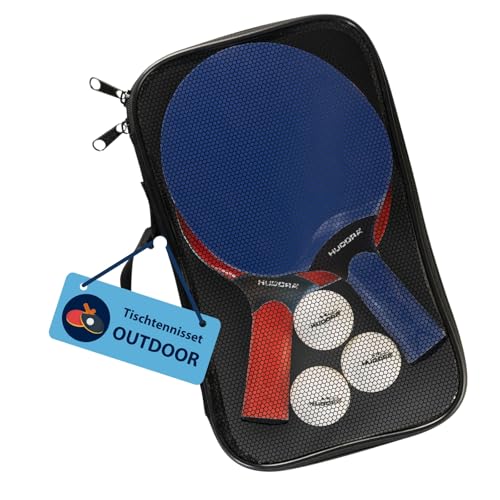 HUDORA Tischtennis Set Outdoor - hochwertiges Tischtennisschläger Set mit 2 Schlägern & 3 Bällen - Ping Pong Schläger Set inkl. Aufbewahrungstasche - Tischtennis Schläger für draußen von HUDORA