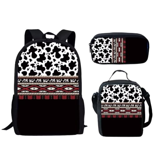 HUGS IDEA 3 x Rucksack für Jungen und Mädchen, Schultaschen mit isolierter Lunchtasche und Federmäppchen, Aztekische Indianerkuh von HUGS IDEA