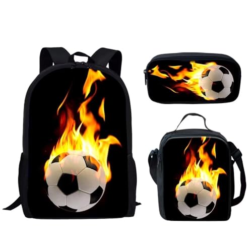HUGS IDEA Kinder-Rucksack, Geldbörse mit kleiner, isolierter Lunchbox, Reißverschluss, Federmäppchen, 3-in-1, Fire Soccer Ball Fußball von HUGS IDEA