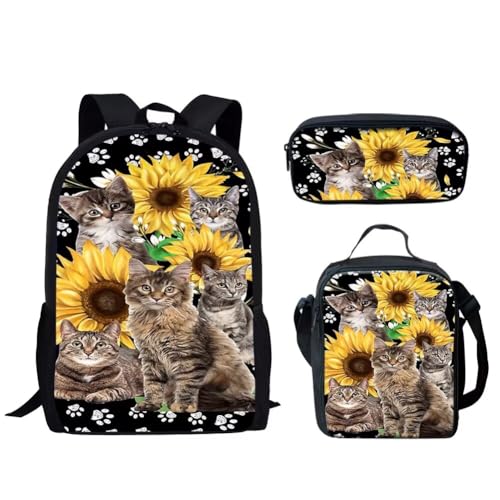 HUGS IDEA Kinder-Rucksack, Geldbörse mit kleiner, isolierter Lunchbox, Reißverschluss, Federmäppchen, 3-in-1, Sonnenblumenkatzen von HUGS IDEA