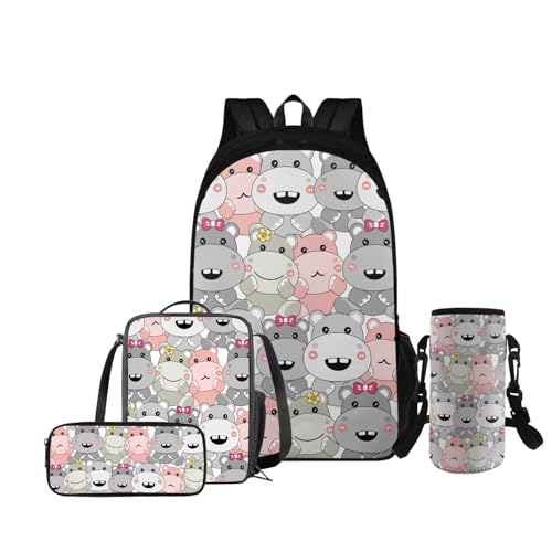 HUGS IDEA Kinder-Rucksack für Mädchen, Schultasche für Kinder, 4-in-1-Büchertaschen-Set mit Lunchbox, Schultaschen-Set, Cartoon-Nilpferd, Einheitsgröße, Rucksack Rucksäcke von HUGS IDEA