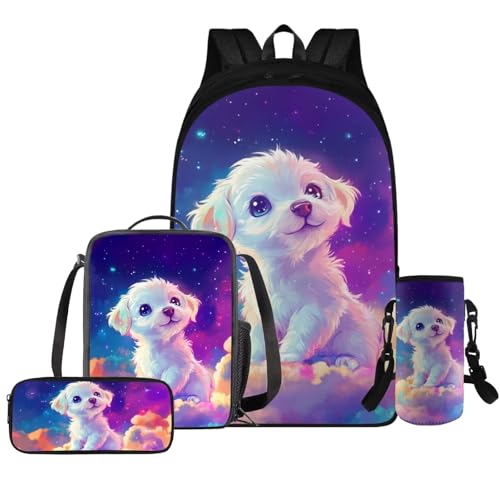 HUGS IDEA Kinder-Rucksack für Mädchen, Schultasche für Kinder, 4-in-1-Büchertaschen-Set mit Lunchbox, Schultaschen-Set, Niedlicher Hund, Einheitsgröße, Rucksack Rucksäcke von HUGS IDEA