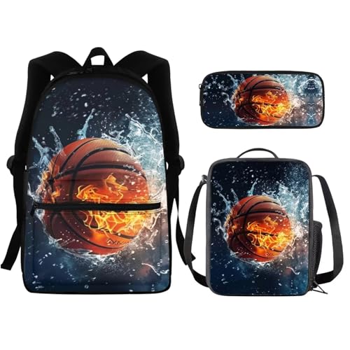 HUGS IDEA Kinder-Schultaschen-Set Wasser- und Feuer-Basketball-Rucksack für Mädchen, Reisetasche, 3-teiliges Büchertasche mit Lunchbox, Federmäppchen, 3-in-1 von HUGS IDEA