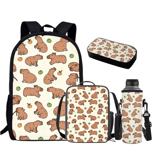 HUGS IDEA Mädchen-Rucksack-Set mit Lunchbox, Schultasche für Mädchen, 4-teilig, Schultasche, Capybara, Einheitsgröße, Rucksack Rucksäcke von HUGS IDEA