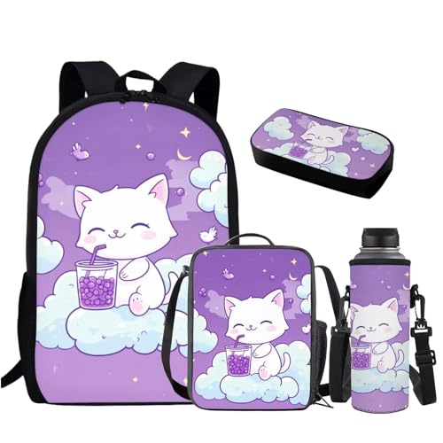 HUGS IDEA Mädchen-Rucksack-Set mit Lunchbox, Schultasche für Mädchen, 4-teilig, Schultasche, Katze, niedlich, Einheitsgröße, Rucksack Rucksäcke von HUGS IDEA