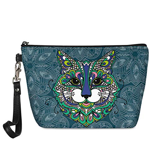 HUGS IDEA Modische Make-up-Tasche aus PU-Leder, Mandala-Katze, Bohemian-Stil, ethnische Stammeskunst, Reise-Kosmetik-Aufbewahrungstasche, Einkaufstasche, lässige Clutch von HUGS IDEA