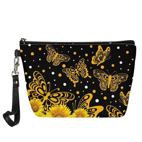 HUGS IDEA Modische Make-up-Tasche mit Tierdruck, für Damen, PU-Leder, Kosmetiktasche, Sonnenblumen, Schmetterlinge von HUGS IDEA