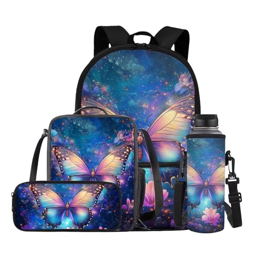 HUGS IDEA Niedlicher Rucksack für Mädchen, 4-in-1, Schul-Büchertasche für Grundschule, Mittelschule, 43,2 cm, Galaxy Butterfly, Einheitsgröße, Rucksack Rucksäcke von HUGS IDEA