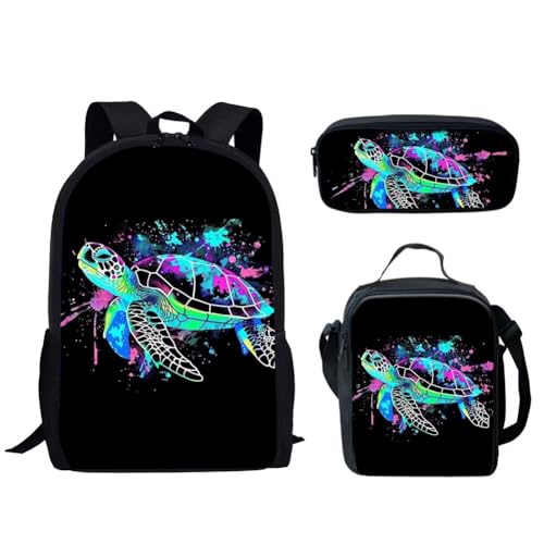 HUGS IDEA Niedliches Schultaschen-Set mit Neon-Meeresschildkröte, Rucksack mit isolierter Lunchbox und Stifthalter, Organizer für Kinder, Mädchen, Jungen, 3-in-1 von HUGS IDEA