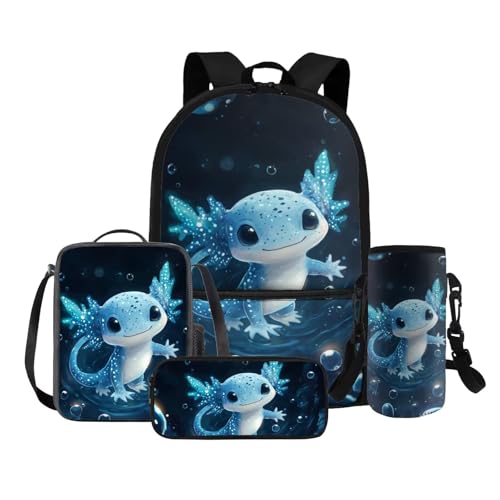 HUGS IDEA Schulrucksack für Jungen von 8–12 Jahren, Büchertasche mit Lunchtasche, 4-in-1-Schultaschen-Set, Blau Axolotl, Einheitsgröße, Rucksack Rucksäcke von HUGS IDEA