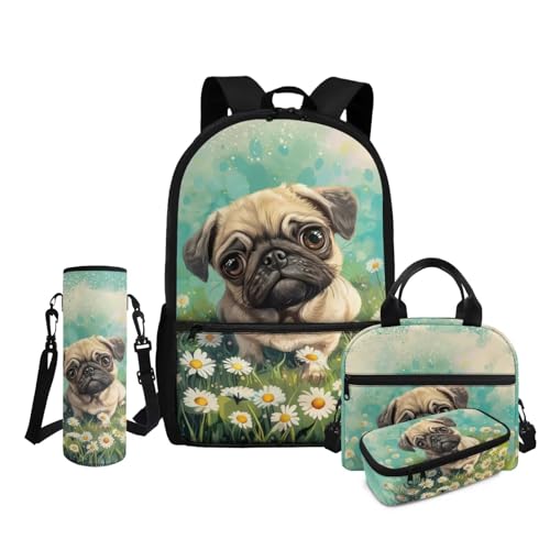 HUGS IDEA Schulrucksack für Mädchen, Schulbüchertasche, niedliches Kinder-Büchertaschen-Set und Lunchtasche, 43,2 cm, 4-teilig, Niedliches Mops-Gänseblümchen, Einheitsgröße, Rucksack Rucksäcke von HUGS IDEA