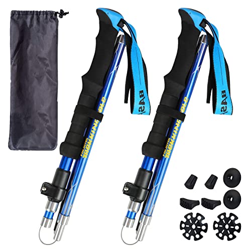 HUGSEE Wanderstöcke - Nordic Walking Stöcke Damen und Herren,Faltbar wanderstöcke Teleskop 110-135cm, Ultraleichte Trekkingstöcke aus Aluminium, Klemmverschluss mit 4 Paar Gummipuffers 2Pack (Blau) von HUGSEE