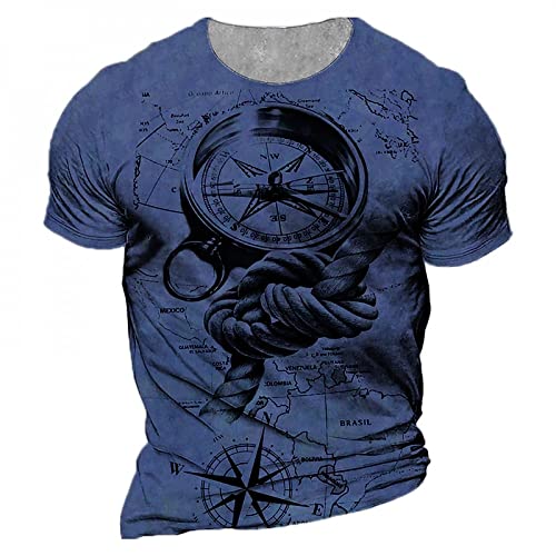 HUIGUANG Herren 3D Druck T-Shirt Vintage Kompass T-Shirt Herren 3D-Druck Navigationskompass Herren Rundhals Kurzarm Übergroße Oberteile T-Shirt von HUIGUANG