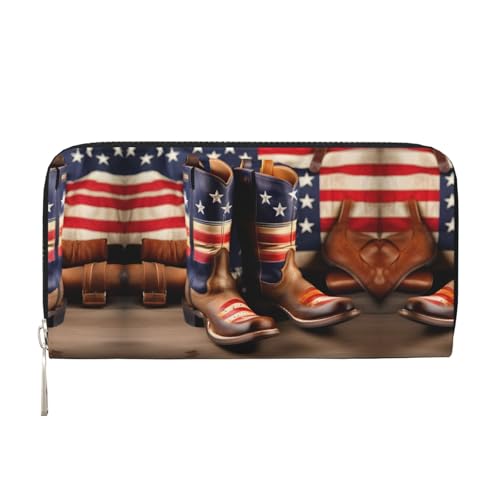 HUIKGIER Amerikanische Flagge mit Cowboystiefel-Druck, trendige Geldbörse, Clutch für Damen, Ledergeldbörse für den täglichen Gebrauch und Reisen, 20 x 8 cm, Schwarz , Einheitsgröße, Münztasche von HUIKGIER