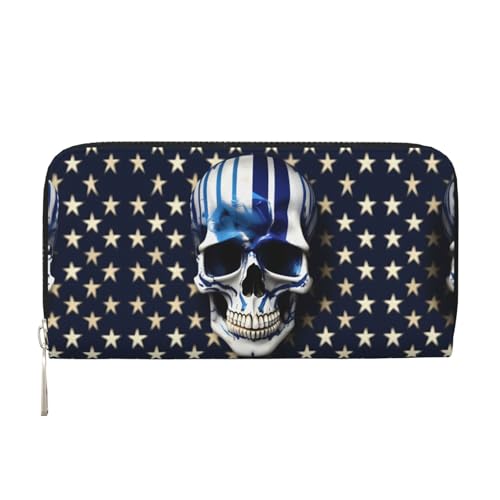 HUIKGIER Blaue gestreifte Sterne, Totenkopf-Druck, trendige Geldbörse, Clutch für Damen, Ledergeldbörse für den täglichen Gebrauch und Reisen, 20 x 8 cm, Schwarz , Einheitsgröße, Münztasche von HUIKGIER