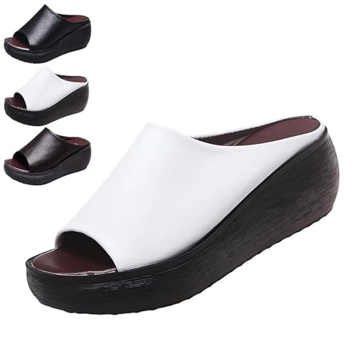 HUIQINGLI Orthopädische Sandalen - Bequeme orthopädische Leder Keile Slides, DressyPlatform Heel Arch Support Slip Sandalen für Frauen (Weiß,40) von HUIQINGLI