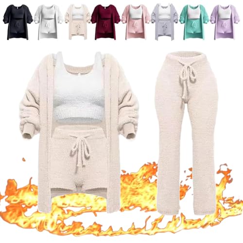 HUIQINGLI Strickset 4-teilig, weicher Plüsch-Pyjama Warme Strickjacke Mantel + Weste + Shorts + Hose, lässige warme Anzug-Outfits (Aprikose,S) von HUIQINGLI