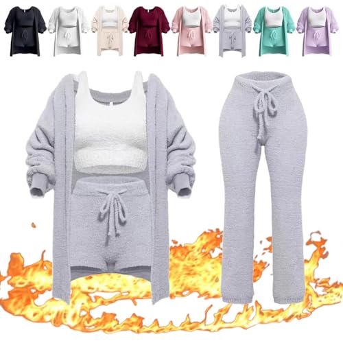 HUIQINGLI Strickset 4-teilig, weicher Plüsch-Pyjama Warme Strickjacke Mantel + Weste + Shorts + Hose, lässige warme Anzug-Outfits (Grau,L) von HUIQINGLI