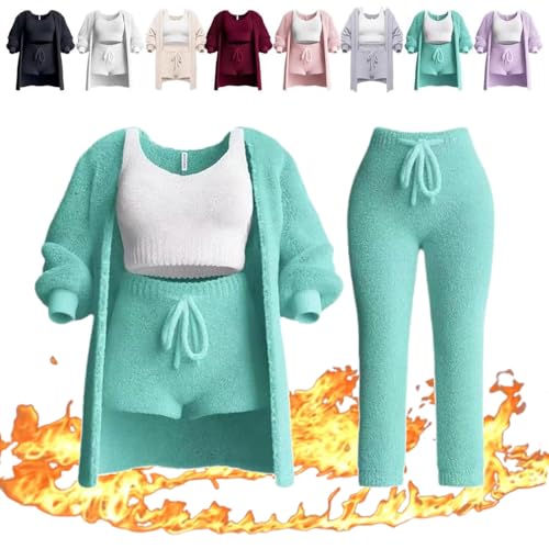 HUIQINGLI Strickset 4-teilig, weicher Plüsch-Pyjama Warme Strickjacke Mantel + Weste + Shorts + Hose, lässige warme Anzug-Outfits (Grün,XXL) von HUIQINGLI