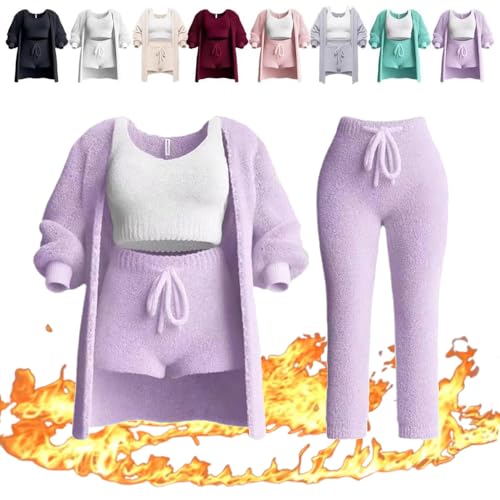 HUIQINGLI Strickset 4-teilig, weicher Plüsch-Pyjama Warme Strickjacke Mantel + Weste + Shorts + Hose, lässige warme Anzug-Outfits (Lila,L) von HUIQINGLI