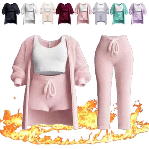 HUIQINGLI Strickset 4-teilig, weicher Plüsch-Pyjama Warme Strickjacke Mantel + Weste + Shorts + Hose, lässige warme Anzug-Outfits (Rosa,S) von HUIQINGLI