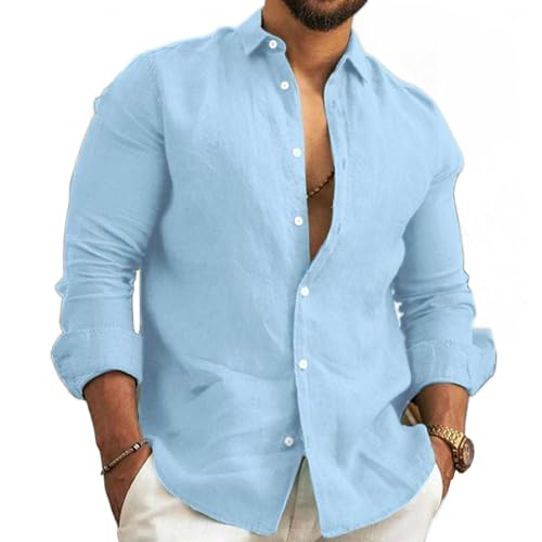 Herren Baumwolle Leinen Einfarbiges Hemd, Herren Casual Langarm Baumwolle Leinen Hemden Button Up Hemd (Blau,3XL) von HUIQINGLI