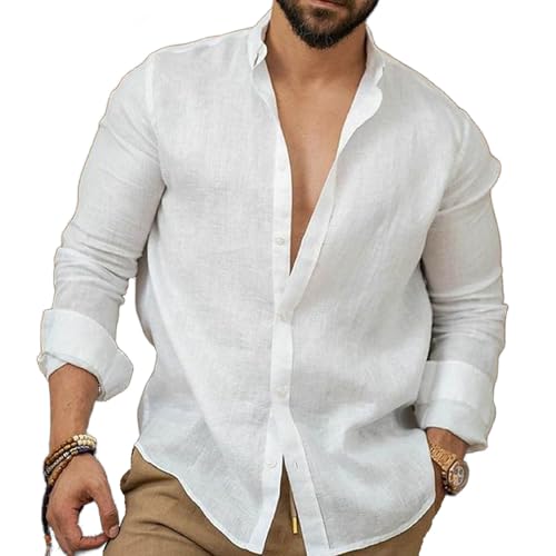 Herren Baumwolle Leinen Einfarbiges Hemd, Herren Casual Langarm Baumwolle Leinen Hemden Button Up Hemd (Weiß,L) von HUIQINGLI