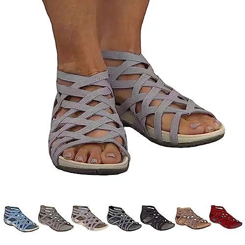 Hohle römische Gladiator-Sandalen mit runder Zehenpartie, Damen-Schuhe mit Bandage-Design, Sommer-Strand-Sandalen mit Flacher Spitze und offener Zehenpartie (Grau,39) von HUIQINGLI