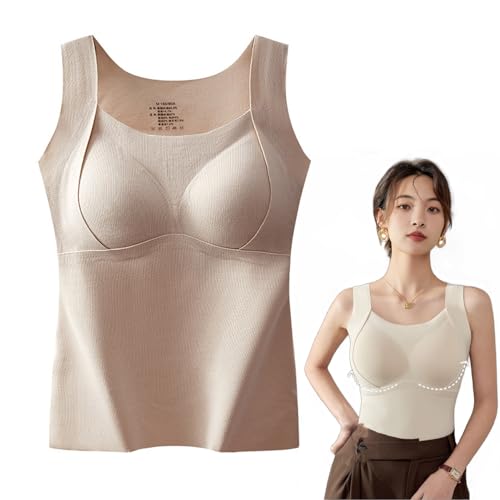 Verdicktes warmes Tank-Top mit Regal-BH, 2-in-1 eingebauter BH Thermounterwäsche, Winter verdicktes warmes Tank-Top, hochelastische ärmellose Camisoles (Khaki,XL [130-150 lb]) von HUIQINGLI