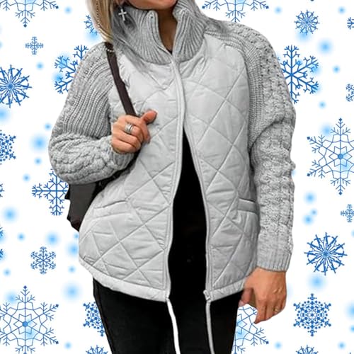 Women 's Knit Patchwork Puffy Jacket, Langarm Stand Kragen Mantel mit verstellbarem Kordelzug und Taschen, warme gemütliche Herbst/Winter Oberbekleidung (Grau,XL) von HUIQINGLI