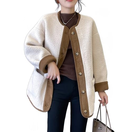 Women 's Solid Button Fuzzy Fluffy Coats mit Taschen, Warm Sherpa Coat Soft Jacket, Leichte Mäntel Gepolsterte Outwear mit Taschen (Weiß,XL (57.5-65kg)) von HUIQINGLI