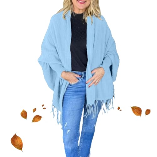 Women 's Tassel Künstliche Strickjacke Wrap, Pullover Schal mit Ärmeln, Oversized Wrap Coat für Frauen (Blau,Einheitsgröße) von HUIQINGLI