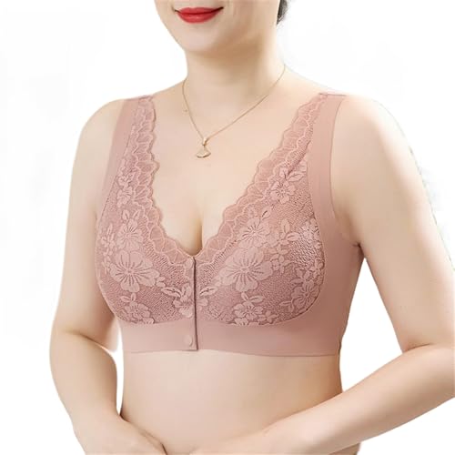 Women 's Wide-Strap Wire-Free Front Closure Bra, Lace Full Coverage Front Closure Bra, Comfortable & Convenient Front Button Bra (Rosa,M (40-50kg)) von HUIQINGLI