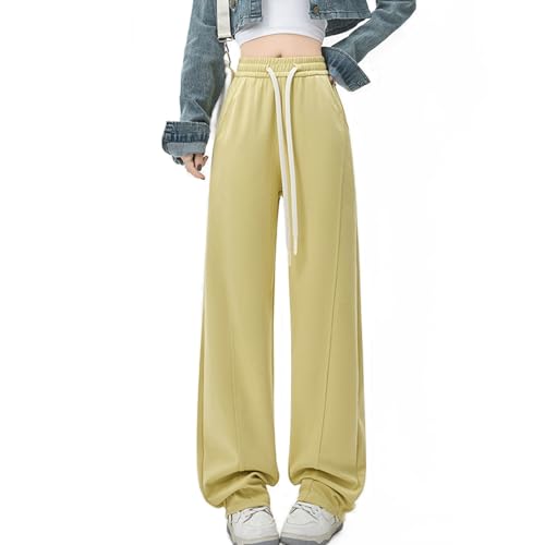 Womens Wide Leg Sweatpants, Y2k Casual Straight Leg Sweatpant, Baggy Athletic Jogger Pants, Interior Drawstring Soft Straight Leg Pants mit Taschen (Gelb Grün,XL (70-75kg)) von HUIQINGLI