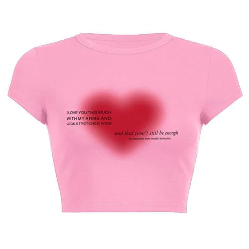 HUKYKZZS Ästhetisches Herz Druck Damen T-Shirt Anime Brief Kawaii 90er Crop Tops Sommer Kurzarm T-Shirts Streetwear Y2k Kleidung Dame,Rosa,M von HUKYKZZS