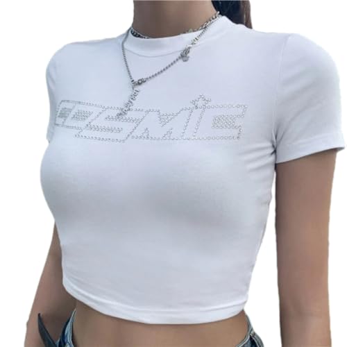 HUKYKZZS Brief Strass Baumwolle T Shirts Frauen Sommer Nabel Bare Abgeschnitten Streetwear Fashion Top T Slim Fit Kurze T-Shirt,Weiß,S von HUKYKZZS