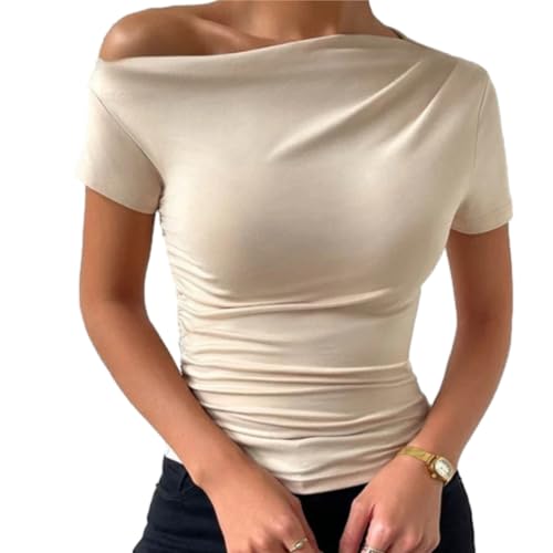 HUKYKZZS Frauen Eine Schulter Geraffte Kurzarm T Shirt Sommer Mode Lässig Einfarbig Slim Fit T Top Streetwear,Aprikose,S von HUKYKZZS