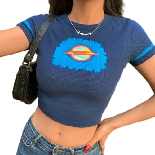 HUKYKZZS Gedruckt Crop Top Y2k Gestrickte T Shirt Harajuku T Top Kurzarm O Neck Pullover Frauen Casual Nette Top 90S,Blau,S von HUKYKZZS