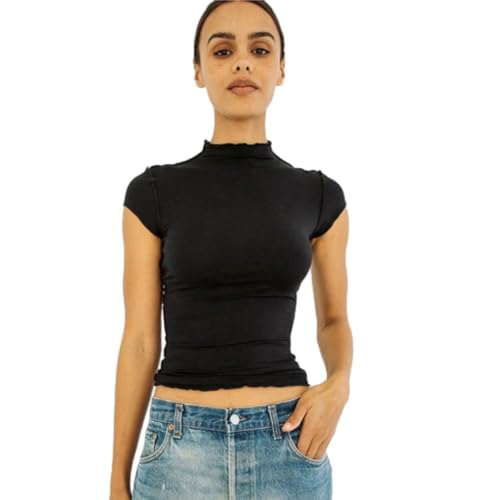 HUKYKZZS Kurzarm Crop Tops Frauen Solide High Neck Sexy T-Shirts Tops Sommer Casual,Schwarz,M von HUKYKZZS