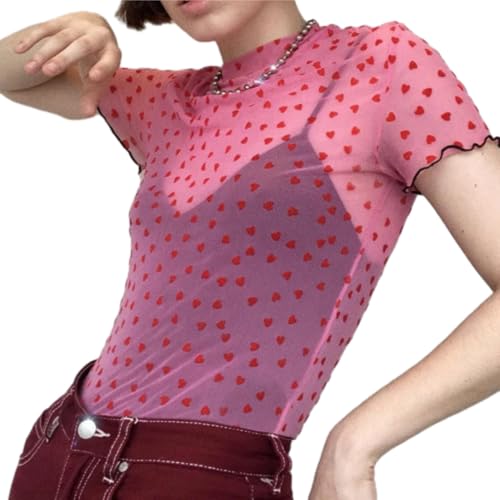 HUKYKZZS Mesh Herz Rollkragen T Shirts Tops Frauen Transparent Durchsichtige Elastische Dünne Crop Tops Dehnbar,Rosa,S von HUKYKZZS