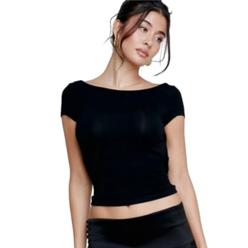 HUKYKZZS O Hals Kurzarm Rückenfreies Gerafftes Crop Top Damen T-Shirt Y2K Streetwear Sommer Frühling Freizeitkleidung,Schwarz,L von HUKYKZZS