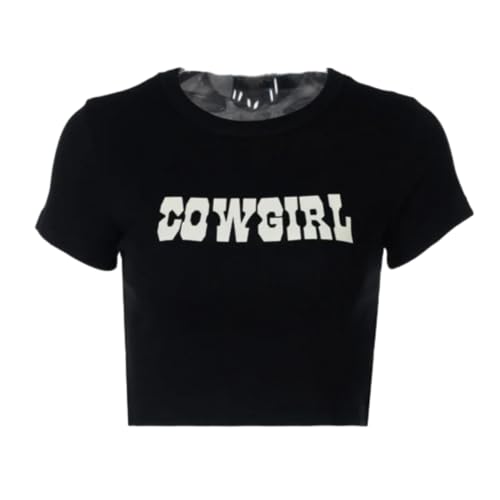 HUKYKZZS Oansatz Crop Tops Frauen Sommer Mode Cowgirl Drucken Casual T Shirts Grundlegende Sexy Streetwear Braun Kurzarm Picknick Ins,Schwarz,L von HUKYKZZS