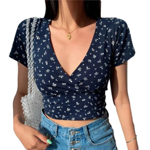 HUKYKZZS Sommer Französisch Retro Floral V-Ausschnitt Kurzarm T-Shirt Schlank Abnehmen Wilden Hohe Taille Frauen Top Harajuku Grafik T Shirts,Navy Blau,S von HUKYKZZS