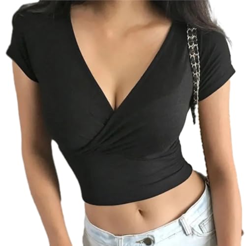 HUKYKZZS Sommer Sexy Frauen Schlank Crop Top Tees T-Shirt Low Cut Kurzarm Solide Weibliche Teenager Mädchen Femmes T-Shirt Quer Wrap,Schwarz,S von HUKYKZZS