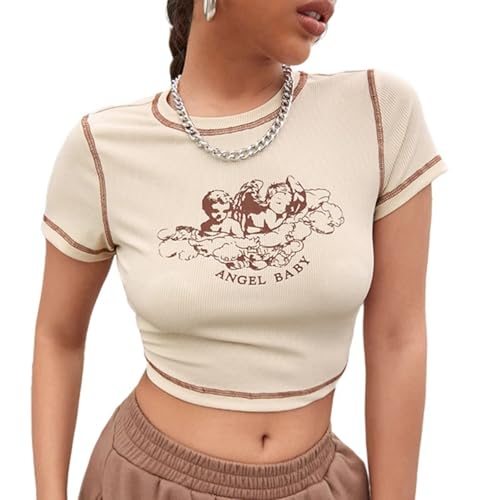 HUKYKZZS Stilvolles Damen-T-Shirt Mit Engelsbuchstaben-Aufdruck, Kurzärmelig, Rundhalsausschnitt, Kontraststich, Schmale Passform, Wilde, Lässige Crop-Tops Für Den Sommer,Aprikose,XL von HUKYKZZS