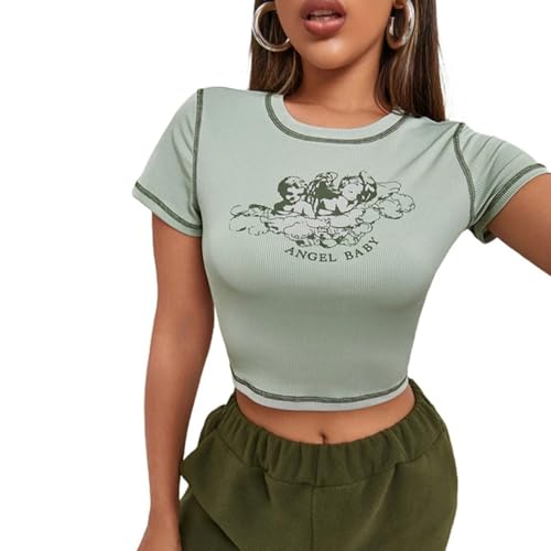 HUKYKZZS Stilvolles Damen-T-Shirt Mit Engelsbuchstaben-Aufdruck, Kurzärmelig, Rundhalsausschnitt, Kontraststich, Schmale Passform, Wilde, Lässige Crop-Tops Für Den Sommer,Grün,M von HUKYKZZS