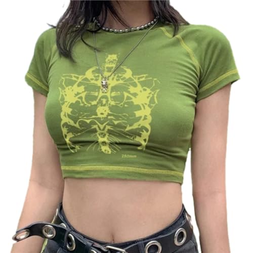 HUKYKZZS Y2K Schwarz Sweet Girl Slim Skull Print Vintage Grafik Kleidung Crop Top E-Girl,Grün,S von HUKYKZZS